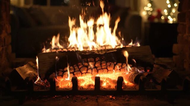Close-up of a burning fireplace with logs ablaze, sparks flying, and a cozy atmosphere