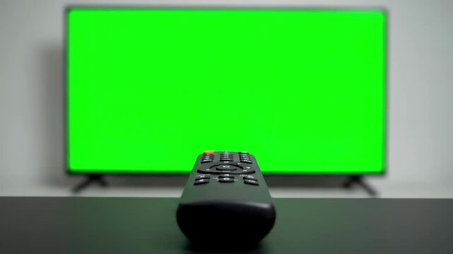 Wide shot of remote and green screen TV with person pointing a pressing buttons in front distortion, overlay, glitch, static noise, scan lines on black background, 4k animated video loop
