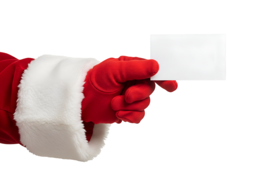 Santa Claus hand holding blank card over isolated on transparent background for text