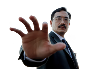 Man in suit holding hand up isolated on transparent background