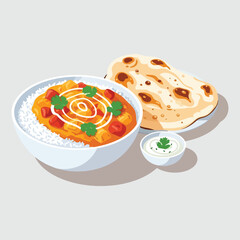 Delicious Indian meal featuring curry rice and naan bread.