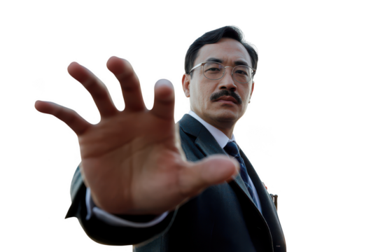 Man in suit holding hand up isolated on transparent background