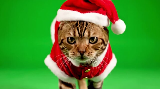 Green Screen 4k bengal cat on isolated with chroma key real shot dressed up in santa claus costume for christmas walking at camera scene 2 distortion, overlay, glitch, static noise, scan lines black