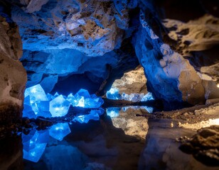Ice cave within the cavernous mountain landscape showing stalactites, sandstone, and water