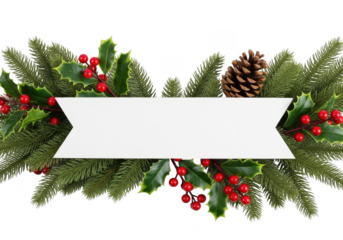 Festive christmas garland with pine needles, holly berries, and a pine cone with a blank banner for text isolated on transparent background
