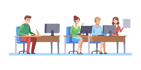 Male and female characters are working in call center together. People in office at workplace. Concept of customer support department staff, telemarketing agents. Flat cartoon vector illustration See 