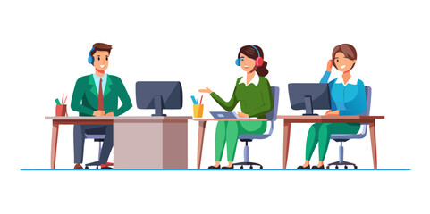 Male and female characters are working in call center together. People in office at workplace. Concept of customer support department staff, telemarketing agents. Flat cartoon vector illustration See 
