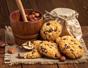Baked cookies and hazelnuts with wooden bowl and jar on a wooden table