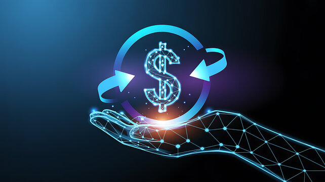 Digital dollar symbol held in wireframe hand with circular arrows money currency