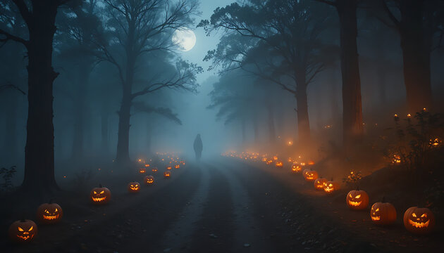 Enchanting halloween forest path illuminated by glowing jack o lanterns under a mystical full moon with ethereal fog creating a spooky yet magical atmosphere
