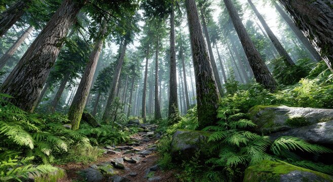 a dense forest with tall trees and lush green ferns, sunlight filtering through the canopy creating dappled light on paths leading into an unknown distance