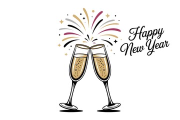 Celebratory new year toast with sparkling champagne flutes and festive fireworks