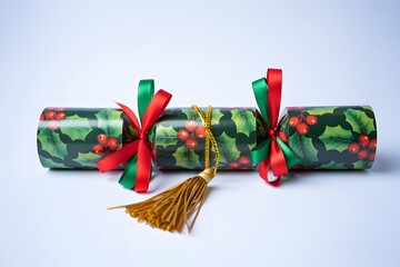 Traditional christmas cracker with festive holly design and colorful ribbons