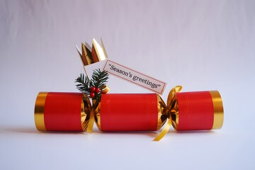 Red and gold christmas cracker with season's greetings tag and party crown