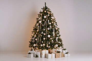 Festive christmas tree adorned with golden and white ornaments, sparkling lights, and presents