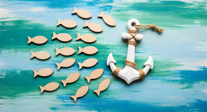 anchor and fish on a blue background, maritime sea life, sailing trip, summer vacation, tourism concept, harbor