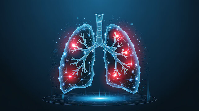Digital Human Lungs with Red Glowing Spots on Dark Blue Background respiratory system