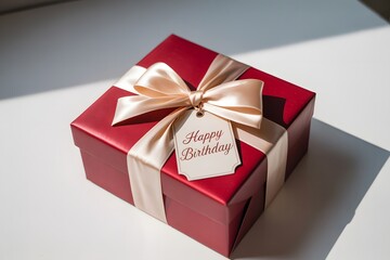 Elegant red gift box with beige ribbon and 'happy birthday' tag for celebrations.