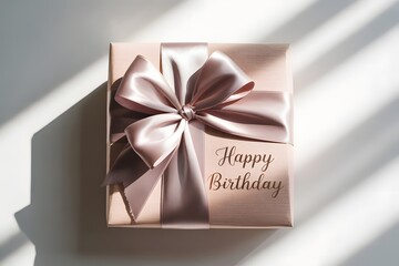 Elegant pink happy birthday gift box with satin ribbon bow and textured wrapping