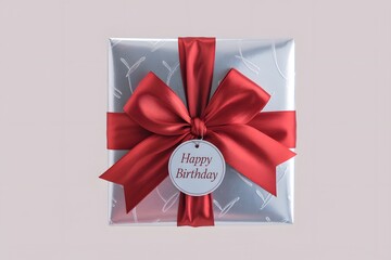 Silver birthday gift box with a red ribbon bow and "happy birthday" tag.