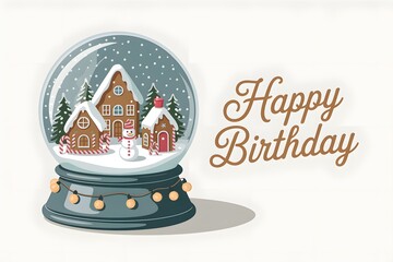 Happy birthday snow globe with gingerbread village, snowman and string lights
