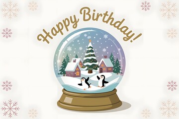 Happy birthday card illustration featuring a festive winter snow globe scene.