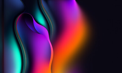 Colorful, glowing smoke and light form an abstract wave of swirling lines and curves, creating an energy-filled design