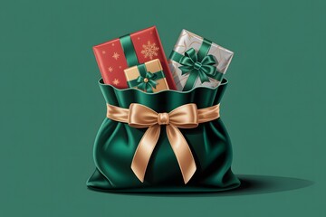 Festive green gift bag filled with beautifully wrapped christmas presents for holidays