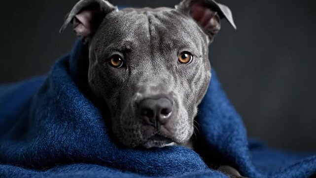 Gray pitbull wrapped in a blue blanket, looking ahead