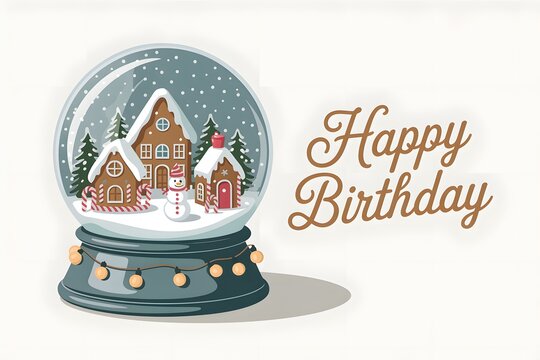 Happy birthday snow globe with gingerbread village, snowman and string lights