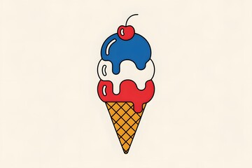 Patriotic red white and blue ice cream cone with cherry on top illustration