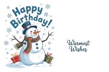 Festive snowman celebrates a winter birthday with gifts and falling snowflakes
