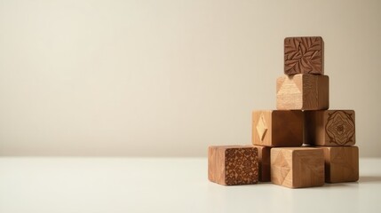 Wooden blocks arranged in a pyramid shape on a white surface against a neutral background
