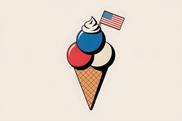 Patriotic ice cream cone with red, white, and blue scoops and american flag