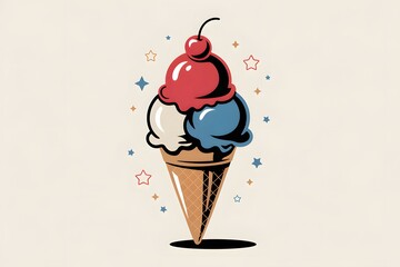 Festive retro ice cream cone with red, white, blue scoops, cherry, and stars
