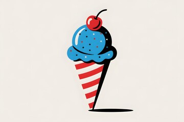 Patriotic ice cream cone with blue scoop, red stripes, and cherry topping illustration.