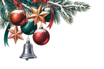 Festive christmas evergreen branch with snowy ornaments, golden stars, and bell decoration