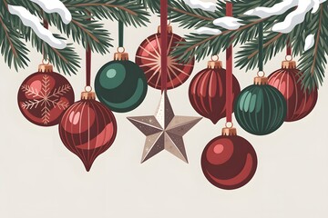 Festive christmas ornaments on snow-dusted pine branches, holiday season decor