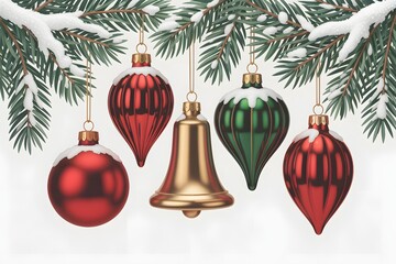 Festive snow-dusted fir branches with shimmering christmas ornaments and bell