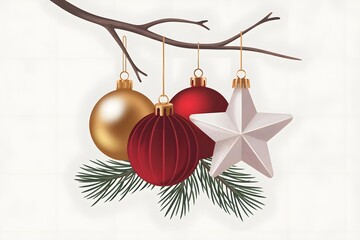 Elegant christmas ornaments hanging from a branch with pine needles, festive holiday.