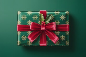 Festive green christmas gift box with red ribbon, golden snowflakes, and holly decor