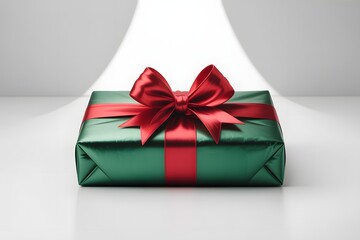 Green gift box with shiny red ribbon bow, festive holiday present on white