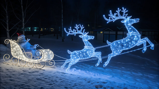 A whimsical display of illuminated reindeer pulling a sleigh with a figure in a hat, set against a dark, snowy backdrop with sparse trees and building