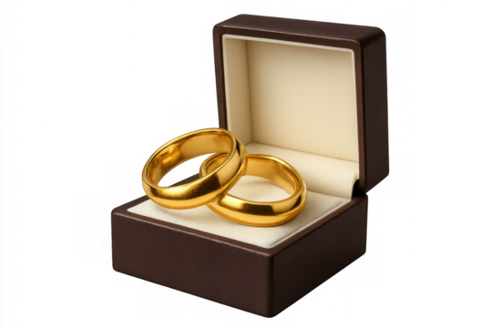 Golden wedding rings representing love and commitment in an open brown jewelry box with transparent background