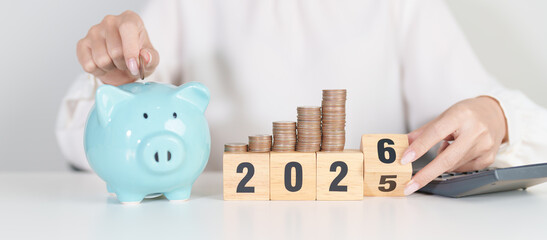 2025 end year to Happy New Year 2026 with piggy bank. Resolution, Goals, Plan, Action, Money Saving, Retirement fund, Pension, Investment and Financial concepts
