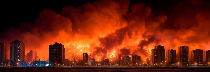 An intense atmosphere, an urban disaster emergency situation, a city skyscraper blazing with spectacular flames and dense smoke at night, and a dramatic cityscape