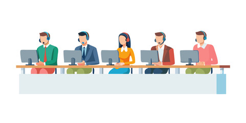 Call center customer support service features operators wearing headsets, with diverse staff seated at tables in a helpdesk setting against a white background, depicted in a modern flat illustration S