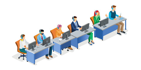 Call center customer support service features operators wearing headsets, with diverse staff seated at tables in a helpdesk setting against a white background, depicted in a modern flat illustration S