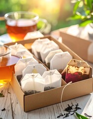 Assorted Tea Bags in Open Cardboard Box with Natural Outdoor Background