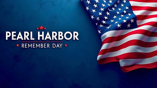 A solemn Pearl Harbor Remember Day graphic with an American flag on a dark blue background.